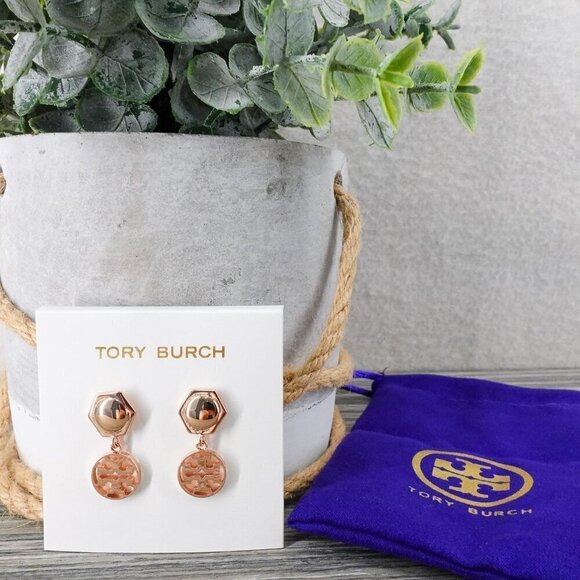 Tory Burch Hexagon Circle Logo Drop Earrings Rose Gold OS - Picture 2 of 12